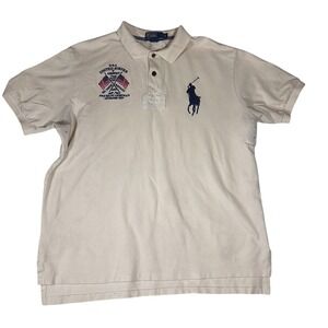 Polo Ralph Lauren XL Polo Shirt USA Flag Equestrian Horse Cream Cotton Top